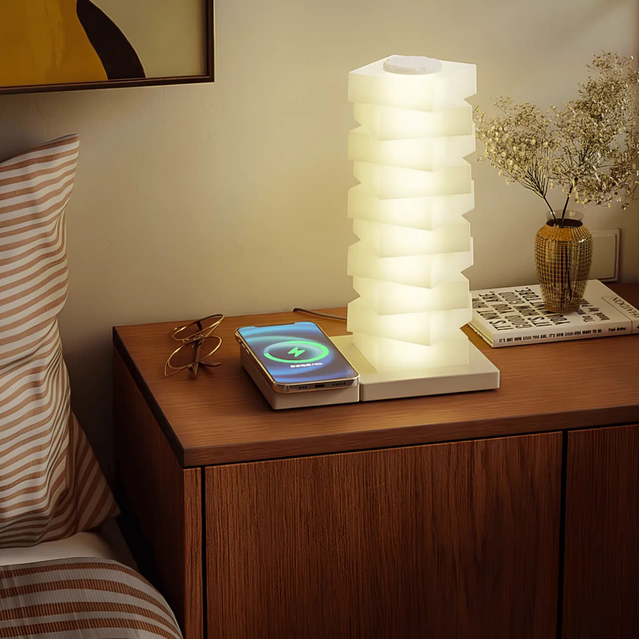 Skręcony Filar Światła z Regulowanym Abażurem | Lampa Ozdobna z Bezprzewodową Ładowarką 15W, Nowoczesny Design